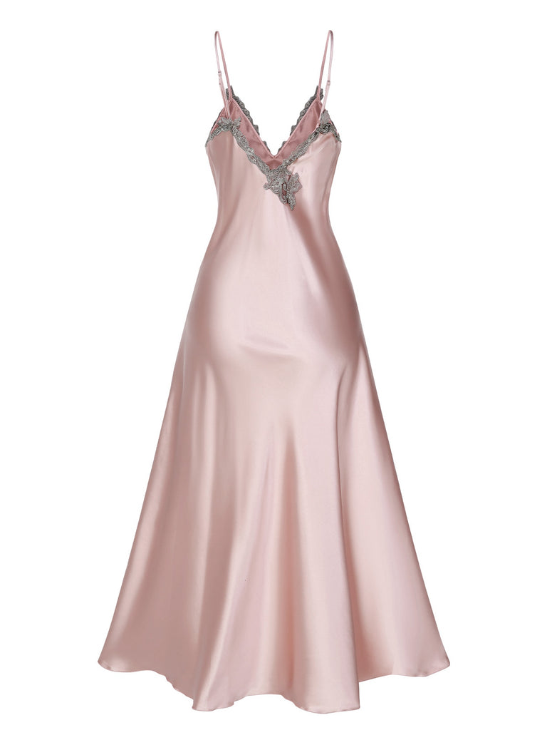 Rosa 1930er Bestickt Kunstsatin Riemen Nachthemd