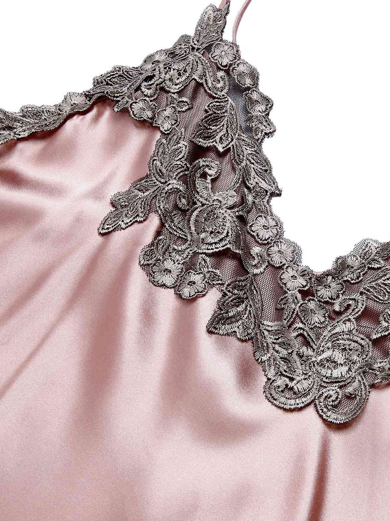 Lila 1930er Bestickt Kunstsatin Riemen Nachthemd