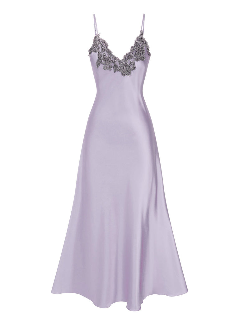 Lila 1930er Bestickt Kunstsatin Riemen Nachthemd