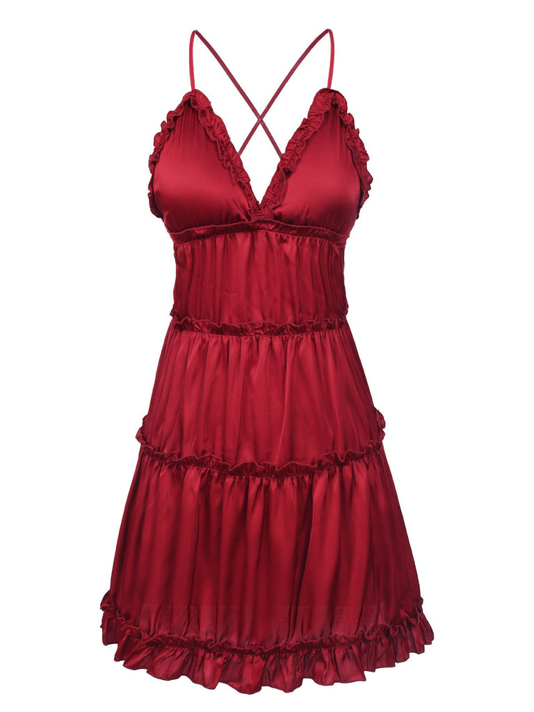 1950er Solid Wrinkle Falten Spaghetti Träger Nachthemd