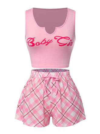 Rosa 1970er Babymädchen Tank Oberteil & Kariert Shorts Pyjama