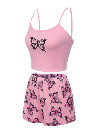 Rosa 1970er Spaghetti Träger Schmetterling Pyjama