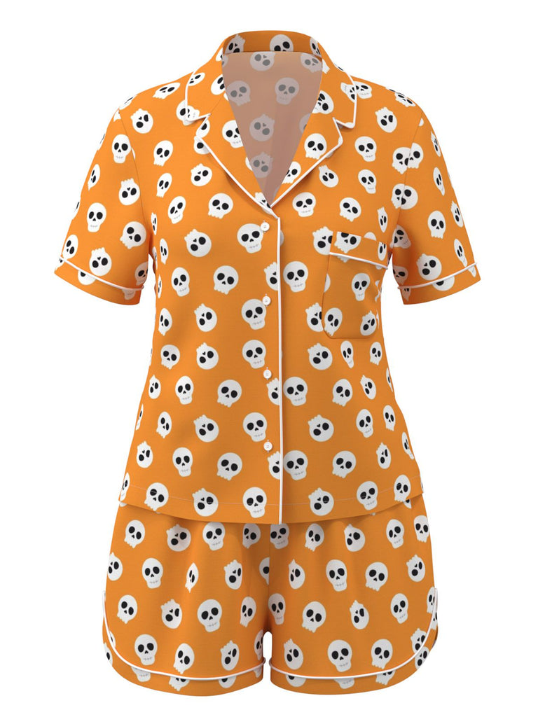 Orange 1970er Halloween Cartoon Totenkopf Pyjama