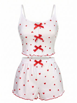 Weiß 1950er Herz Spaghetti Träger Pajamas