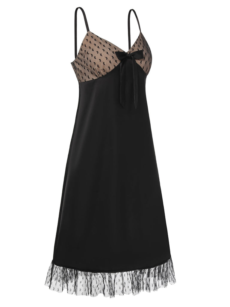 Schwarz 1950er Heart Dots Mesh Bow Nightgown