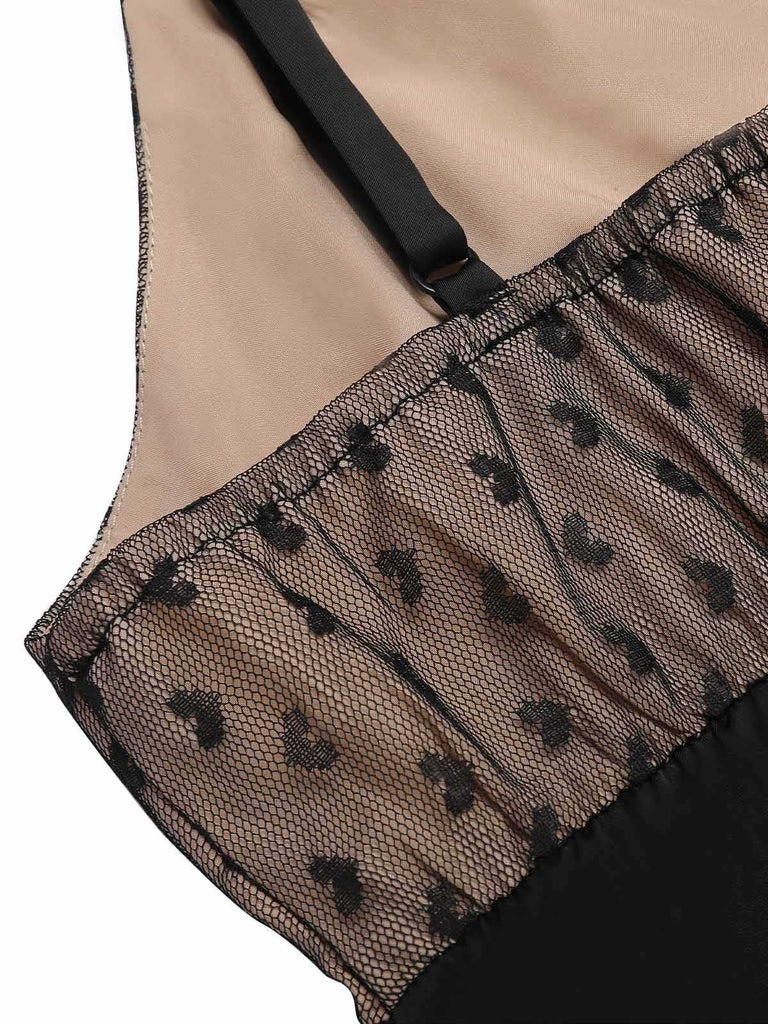 Schwarz 1950er Heart Dots Mesh Bow Nightgown