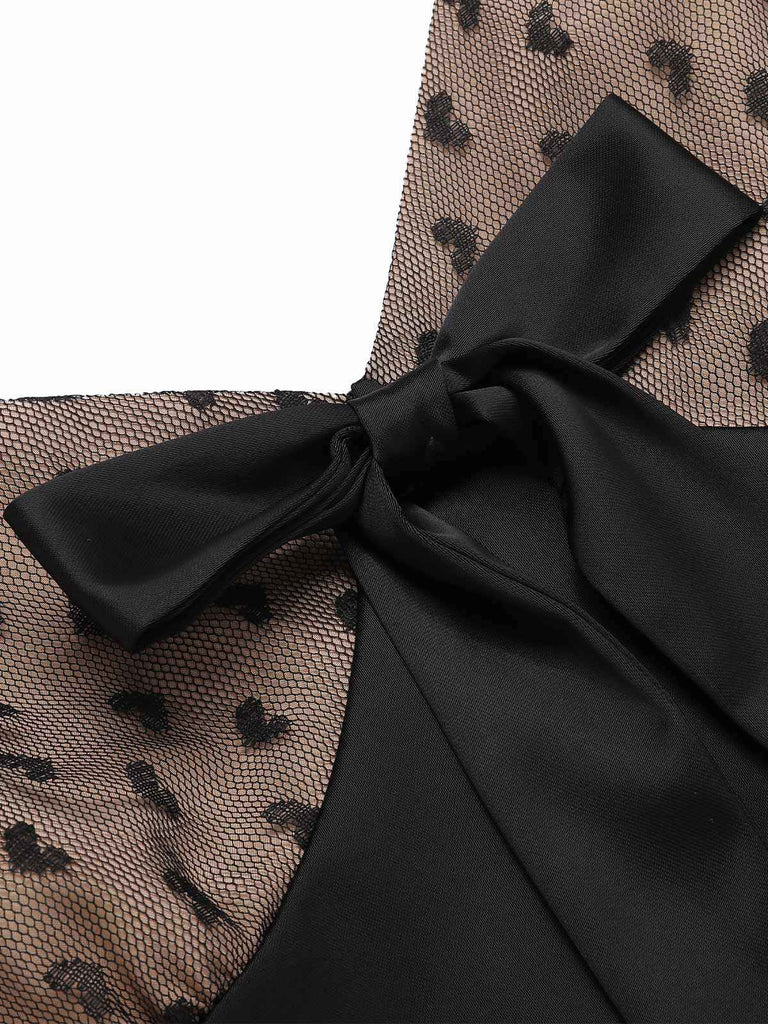 Schwarz 1950er Heart Dots Mesh Bow Nightgown