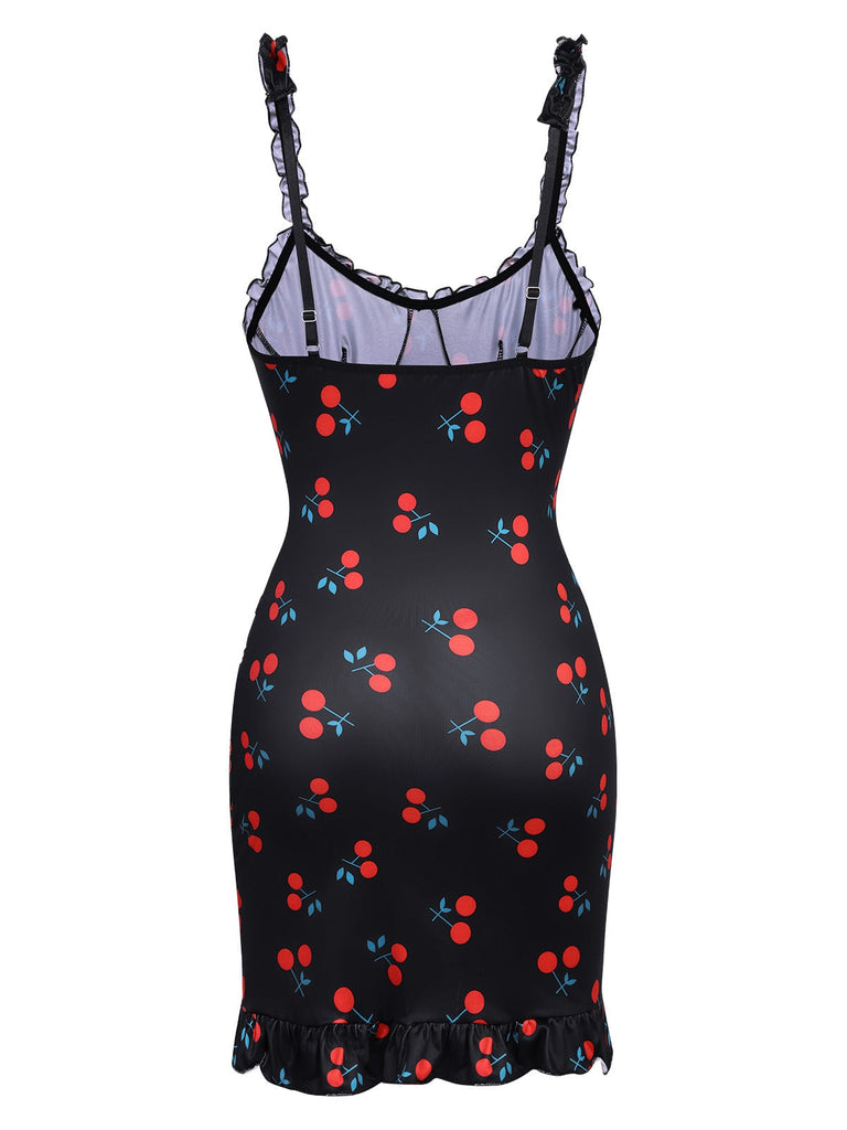 1960er Rot Kirsche Gerüscht Saum Träger Nachthemd