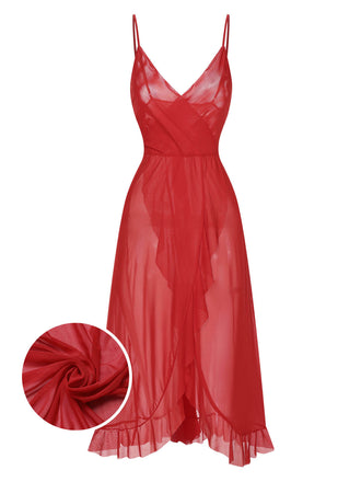 Schwarz 1930er Solide V-Ausschnitt Rüschen Transparent Nachthemd