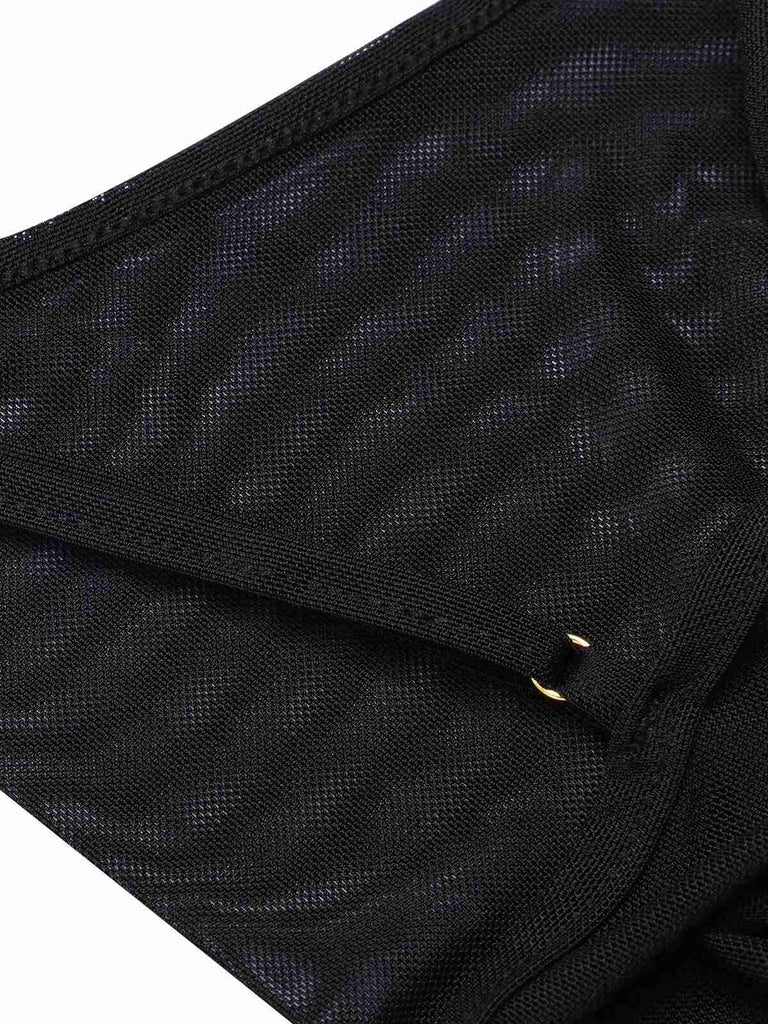 Schwarz 1930er Solide V-Ausschnitt Rüschen Transparent Nachthemd