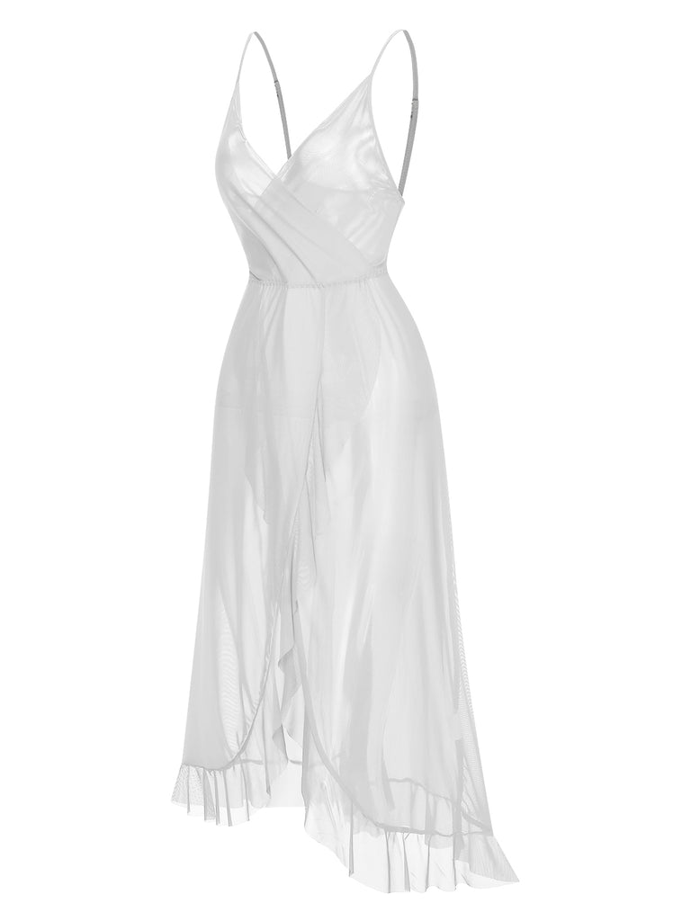 Schwarz 1930er Solide V-Ausschnitt Rüschen Transparent Nachthemd