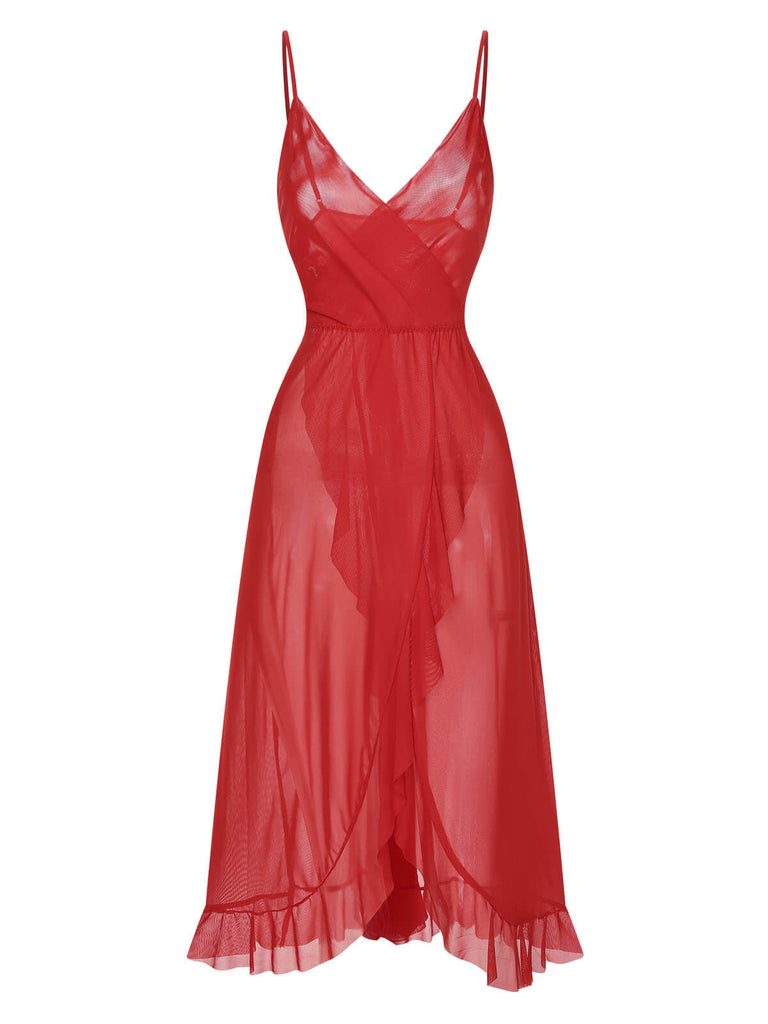 Schwarz 1930er Solide V-Ausschnitt Rüschen Transparent Nachthemd