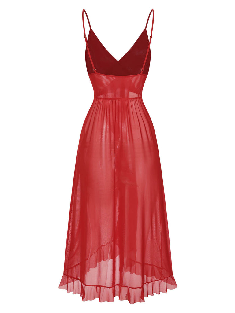 Schwarz 1930er Solide V-Ausschnitt Rüschen Transparent Nachthemd