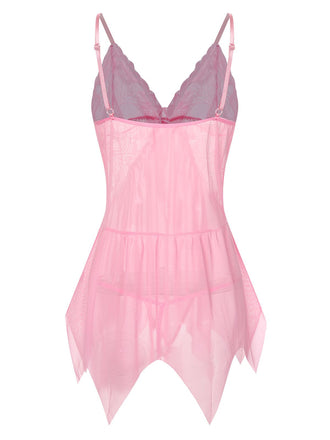 Rosa transparente 70er Nachtwäsche mit Spaghettiträgern und Rüschen