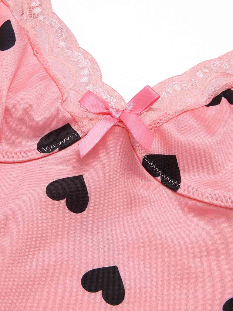 Rosa 1950er Spaghetti Träger Spitze Herzen Nachthemd