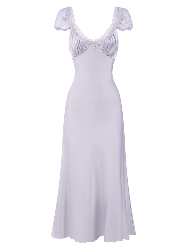 1930er Solide Tiefer V-Ausschnitt Spitzenbesatz Nachthemd