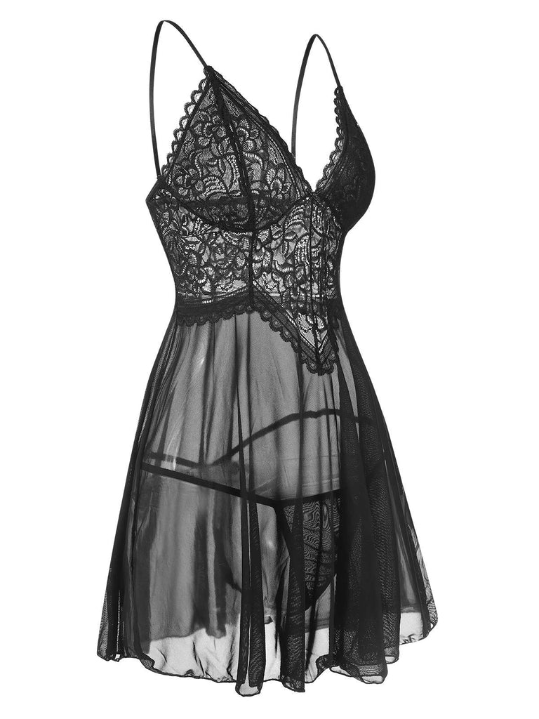 Grün 1960er Spaghetti Träger Spitze Transparent Nachthemd