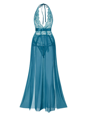 Blau 1970er Halter Sheer Spitze Schlitz Lang Nachthemd