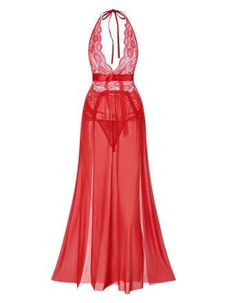Rot 1970er Halter Sheer Spitze Schlitz Lang Nachthemd