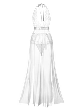 Weiß 1970er Halter Sheer Spitze Schlitz Lang Nachthemd