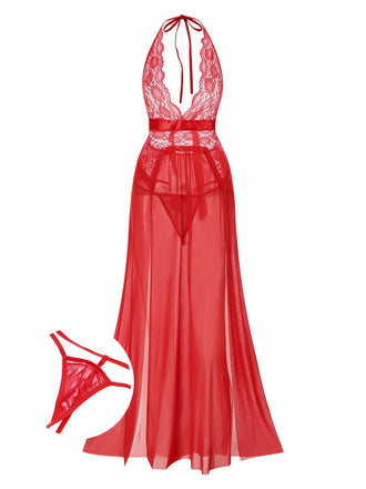 Rot 1970er Halter Sheer Spitze Schlitz Lang Nachthemd