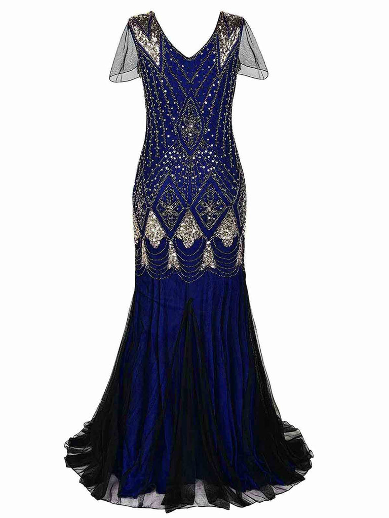 Blau 1920er Pailletten Maxi Klappe Kleid