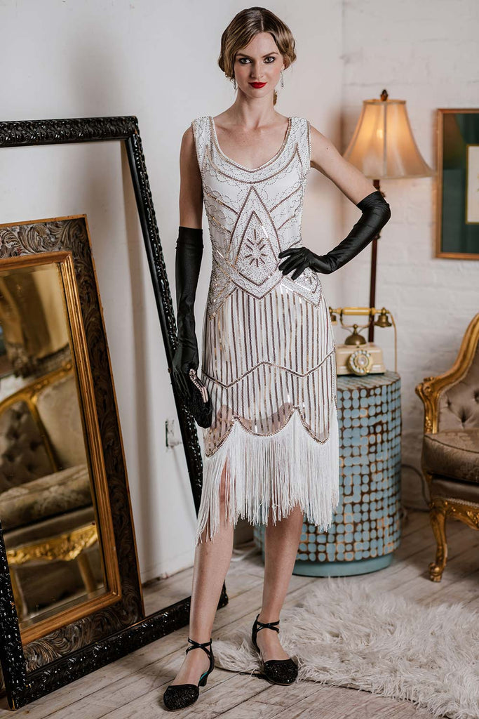 Weiß 1920ER PAILLETTEN FRANSEN FLAPPER KLEID MIT PERLEN
