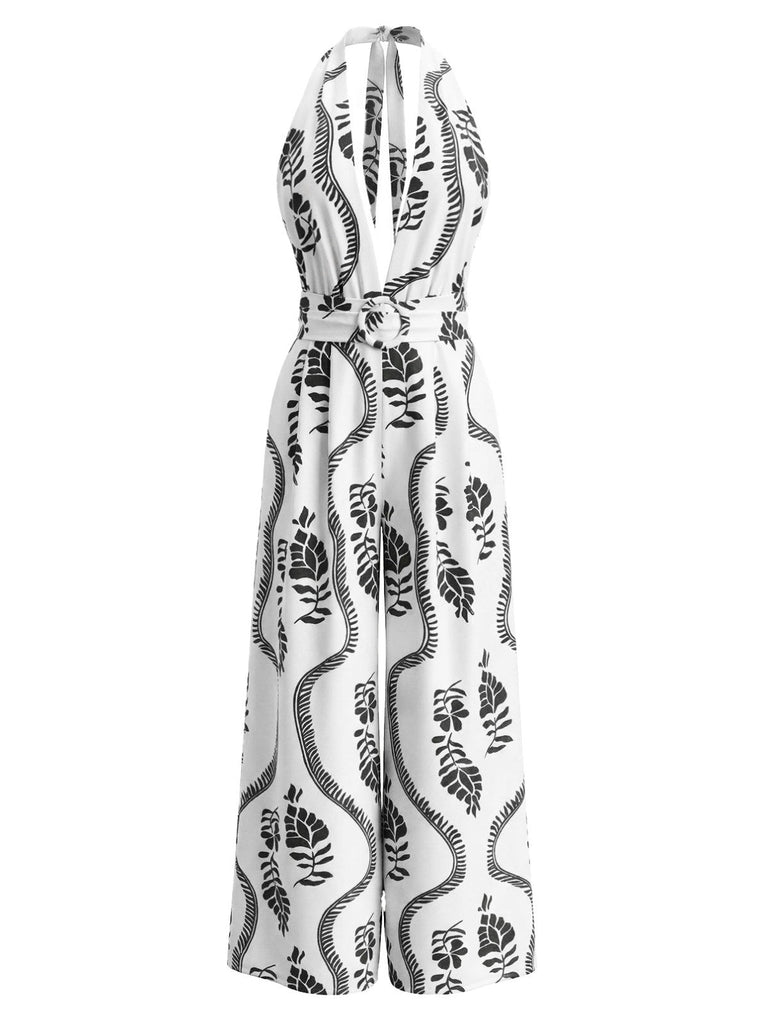 Schwarzer Jumpsuit im Stil der 1930er Jahre mit Blättermuster, Neckholder und tiefem V-Ausschnitt am Rücken