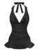 Studioaufnahme von vorne des schwarzen Neckholder-Badeanzugs mit tiefem V-Ausschnitt und Rüschen sowie einem schmeichelhaften, ausgestellten Saum im Skater-Stil.