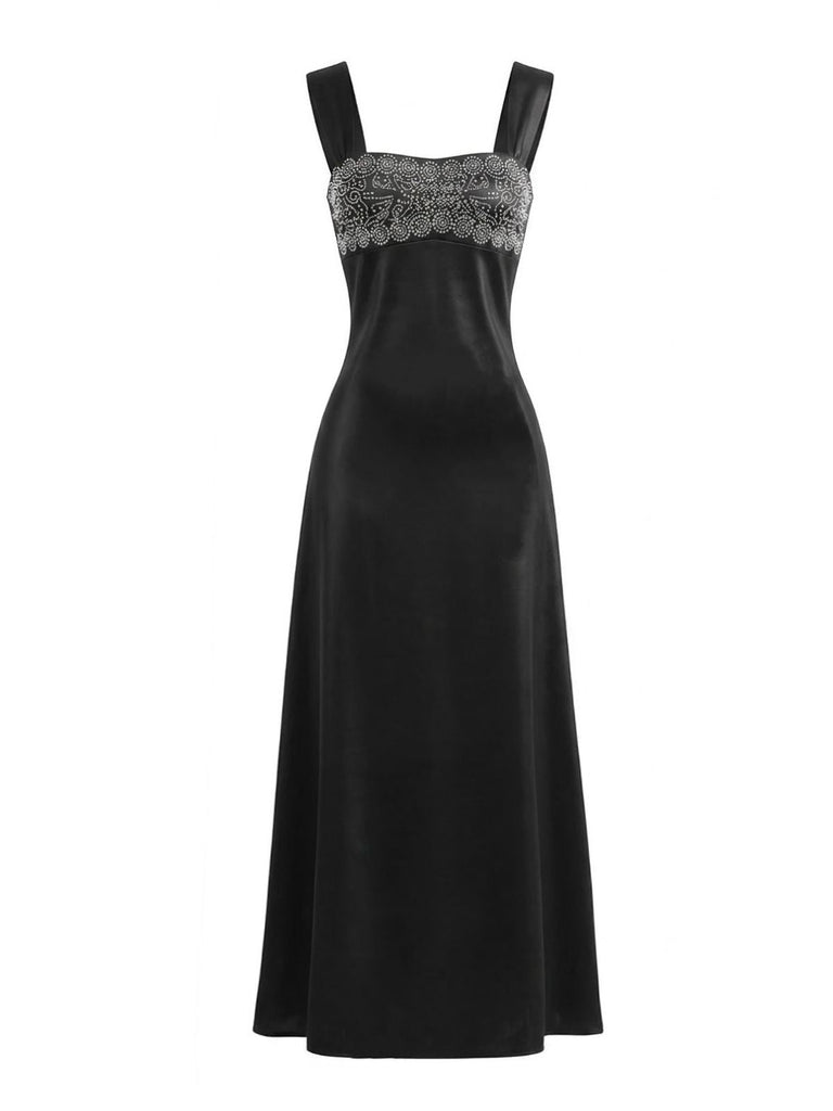 Schwarz 1930er Satin Strassstein Breite Träger Maxi Kleid