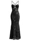 Schwarzes 1930er Spaghetti Träger 3D Blumen Maxi Meerjungfrauenkleid