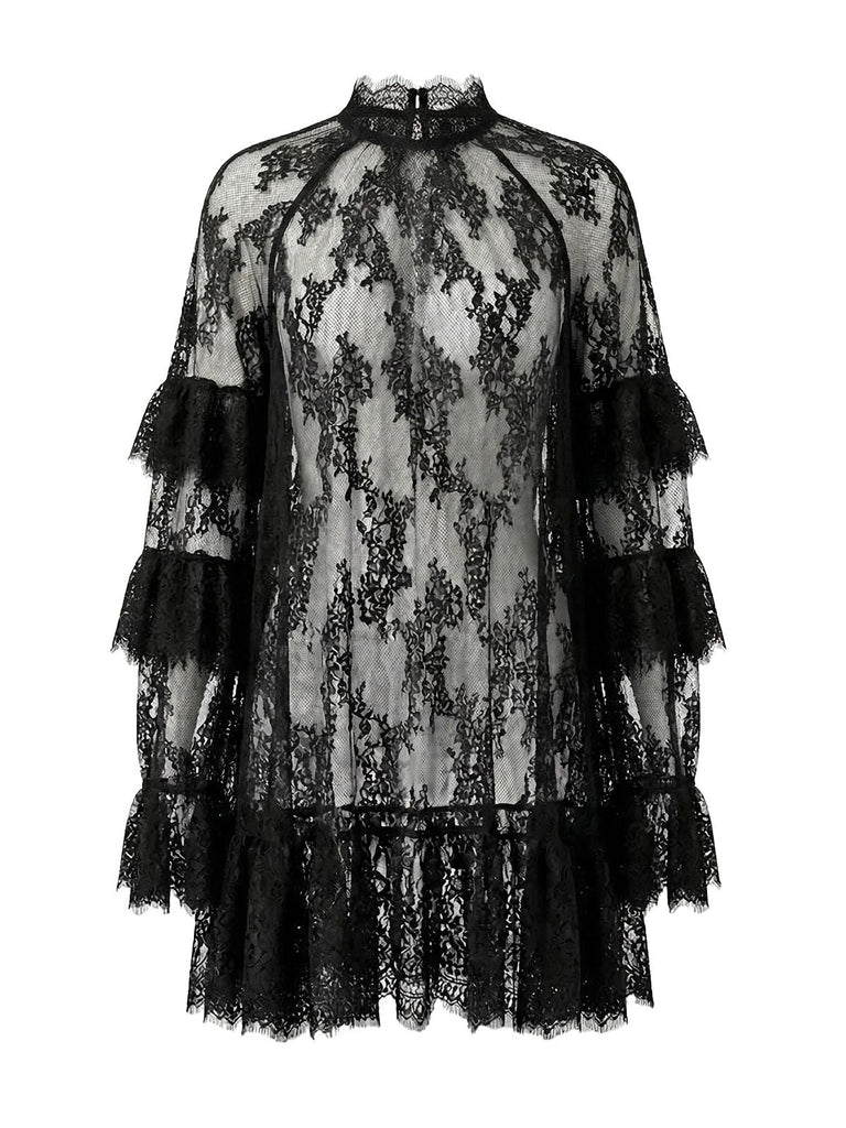 Schwarz 1930er Transparent Spitze Durchsichtig Slip Kleid