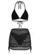 Schwarz 1940er Uni Halter Bikini Set & Häkel Cover-Up