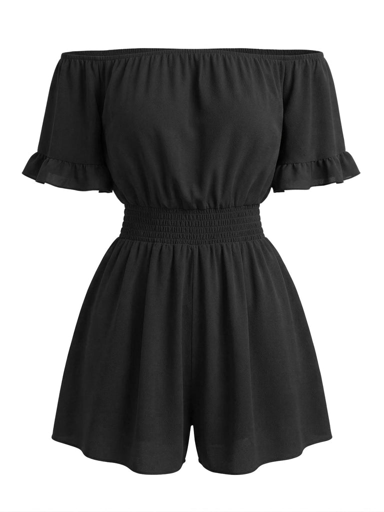 Unifarbener Jumpsuit im Stil der 1940er Jahre mit schulterfreiem Rock, Rüschenärmeln und geraffter Taille – Vintage-Jumpsuit, Retro-Mode