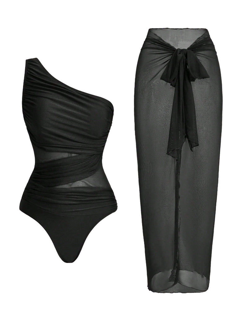 Badeanzug und Strandkleid im Stil der 1950er Jahre mit asymmetrischem Träger, Raffungen und Bauchkontrolle – Vintage-Badeanzug im Pin-up-Stil
