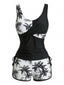 Schwarz 1950er Palmen Überkreuzt Farbblock Tankini Set