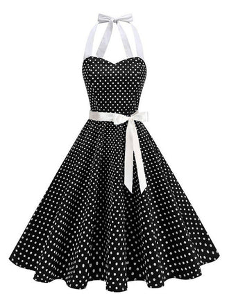 Schwarz 1950er Polka Dot Halter Gürtel Swing Kleid