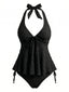 Schwarz 1950er Strukturiert Blumen Halter Tiefer V Tankini Set