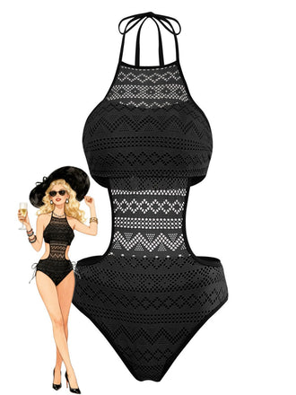 Schwarz 1950er Uni Halter Cut-Out Einteiliger Badeanzug