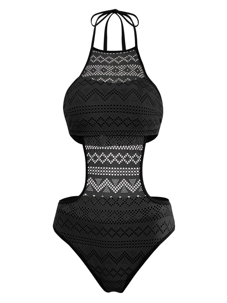 Schwarz 1950er Uni Halter Cut-Out Einteiliger Badeanzug