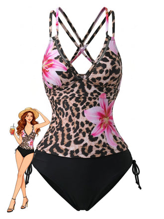 Schwarz 1950er V-Ausschnitt Blumen Patchwork Tankini Set