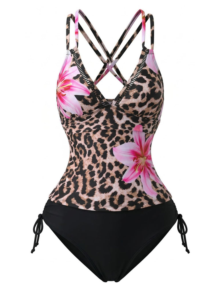 Schwarz 1950er V-Ausschnitt Blumen Patchwork Tankini Set