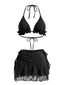 Schwarz 1960er Rüschen Halter Bikini Set & Blumen Spitze Cover-Up