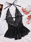 Schwarze 80er Neckholder-Dessous mit Spitze