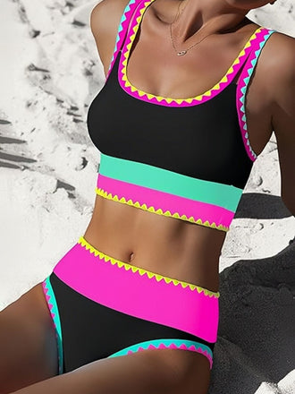 Schwarz 3PCS 1950er Kontrast Zickzack Besatz Tankini Set & Cover-Up