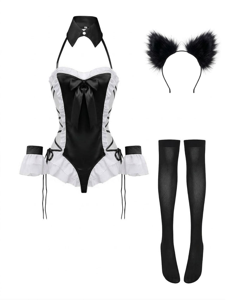 Schwarz 5PCS 1980er Häschen Mädchen Offen Schritt Body Dessous