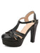 Eine vielseitige schwarze T-Riemen-Sandale mit hohem Blockabsatz und Plateau im Retro-Stil.