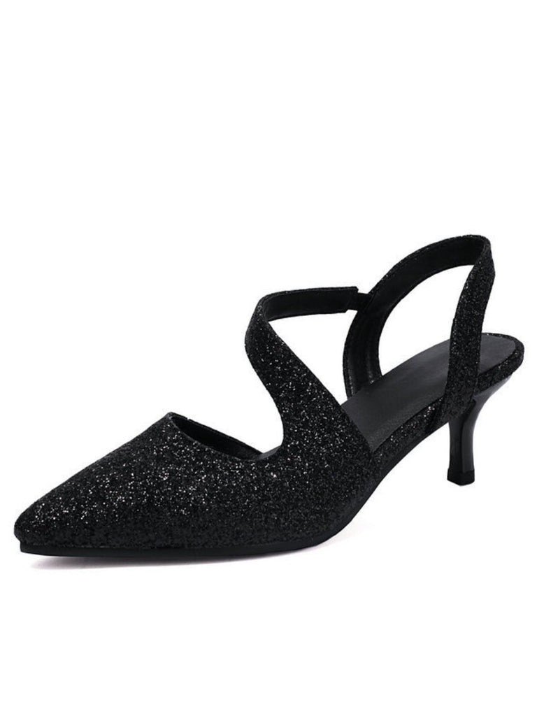 Elegante, von Vintage inspirierte, schimmernde Kitten-Heel-Pumps mit spitzer Zehenpartie, perfekt für professionelle Bürokleidung und formelle Anlässe.