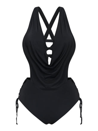 Schwarzer Vintage-Tankini mit gekreuzten Cut-out-Details und Schnürung im Stil der 1940er Jahre