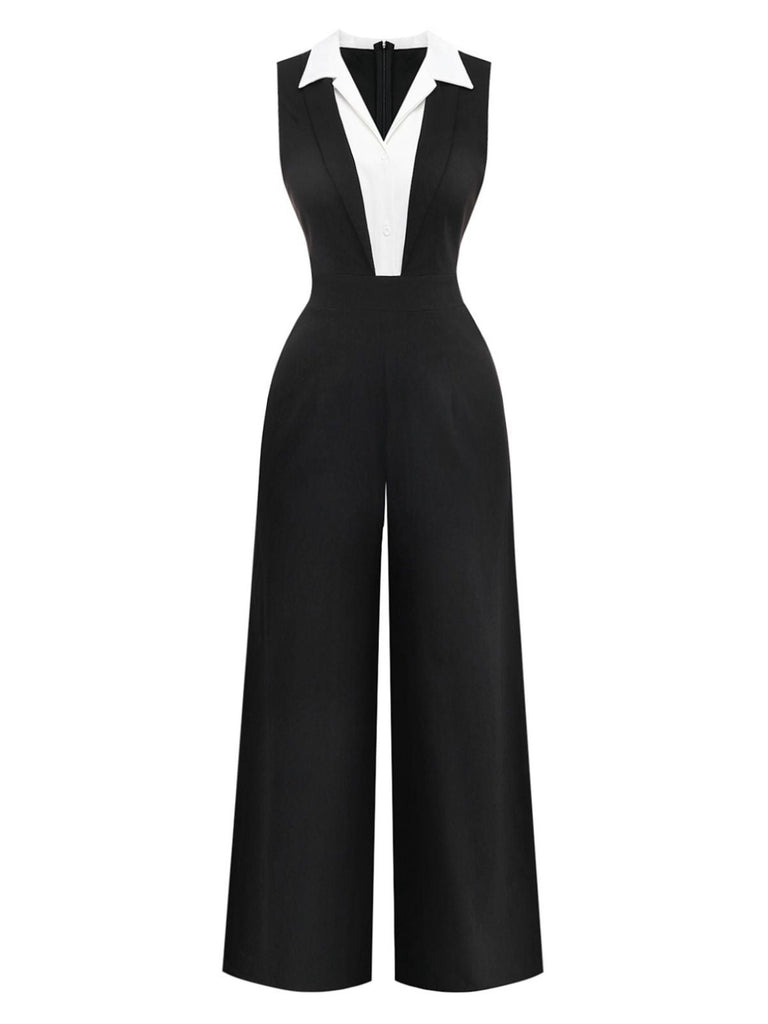 Schwarzer Jumpsuit mit weißem Kragen auf weißem Hintergrund